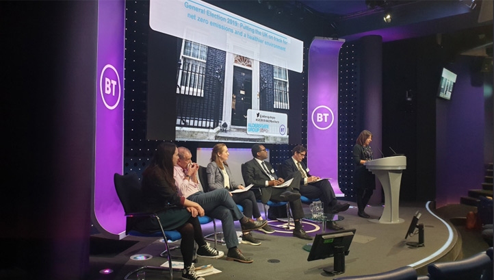 (L-R): Amelia Womack, Alan Simpson, Leslie Hook, Kwasi Kwarteng, Lord Fox and BT's head of environmental sustainability Gabrielle Giner